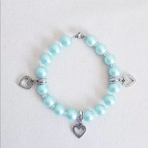 Matte Aqua Glass Pearl Heart Charm Bracelet